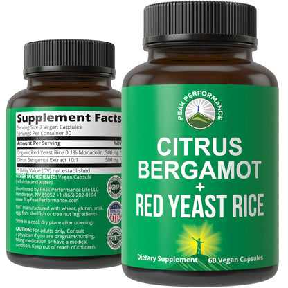 Citrus Bergamot + Red Yeast Rice. 2-in-1 Supplement. High Strength 10:1 Bergamot Extract. No Gluten, Zero Sugar, Vegan Capsules Peak PerformanceBuy Supplements Australia