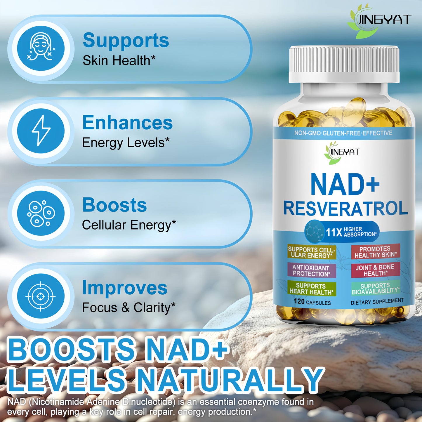 JINGYAT 11-in-1 NAD Supplement with Resveratrol, CoQ10, Quercetin, Collagen, Grape Seed for Cellular Energy, Mental Focus & Antioxidant Support - NAD Supplement for Women & Men, 120 Soft Capsules JINGYATBuy Supplements Australia