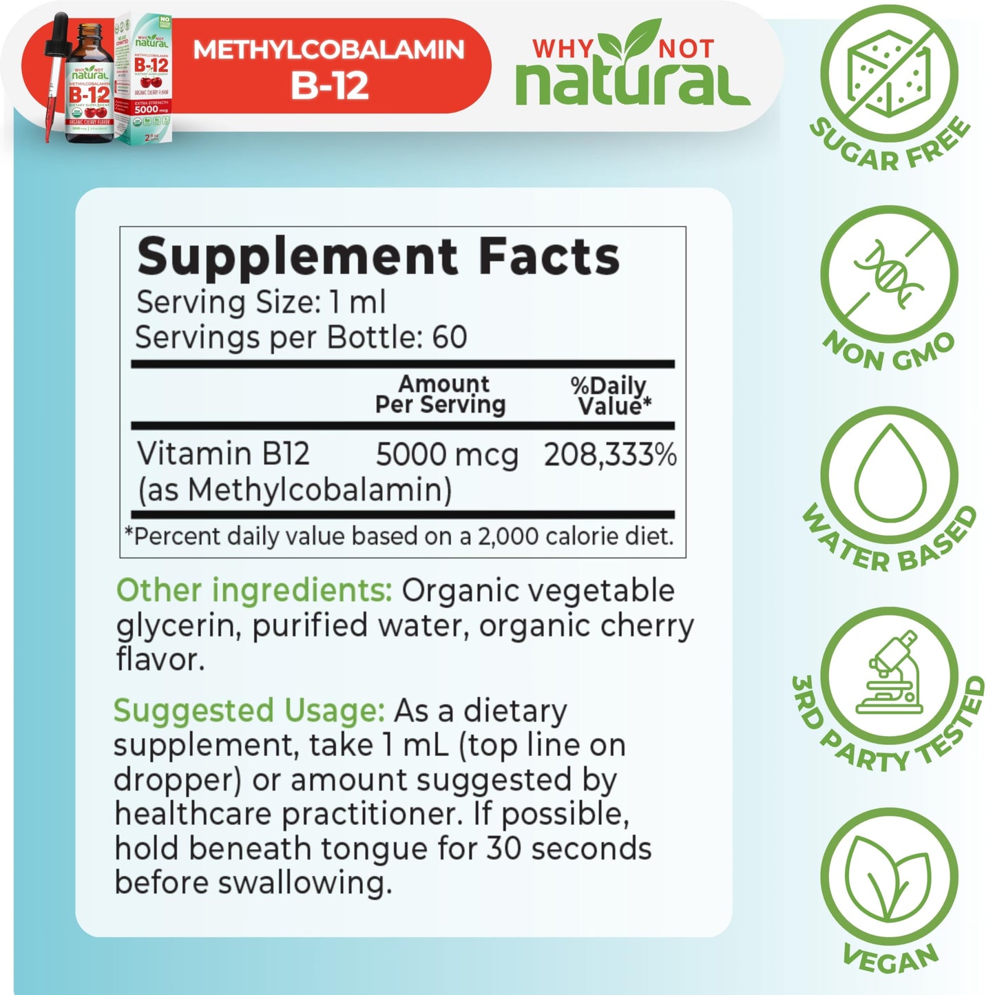 Why Not Natural Organic Vitamin B12 Liquid - Sublingual Extra Strength 60 x 5000 mcg Methylcobalamin Drops, Vegan,