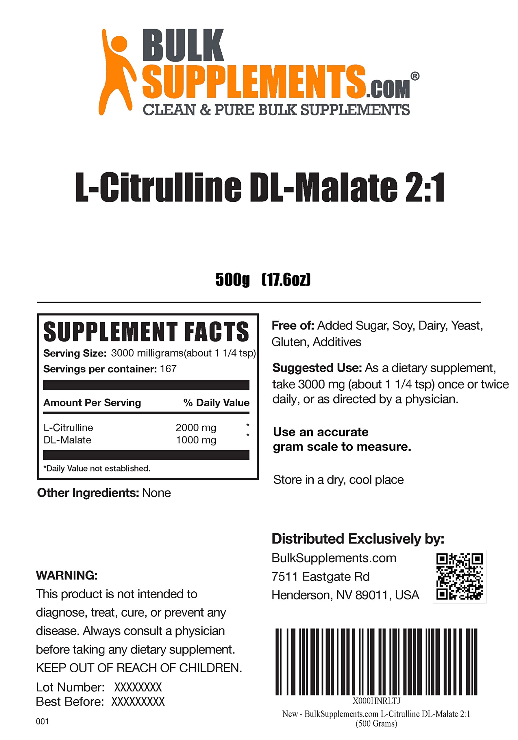 BULKSUPPLEMENTS.COM Beta Alanine Powder (500g), with L-Citrulline Malate 2:1 Powder (100g), L-Glutamine Powder (1KG) & BCAA 2:1:1 Powder (500g) Bundle