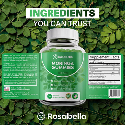 Rosabella Moringa Gummies – Moringa Leaf Extract 1000mg Equivalent Per Serving – Natural Energy & Balance – Non-GMO, Gluten-Free Superfood