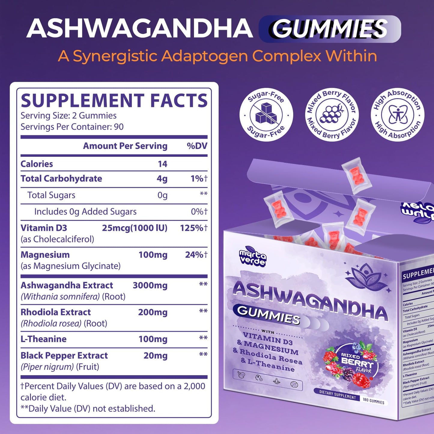 3000mg Ashwagandha Gummies for Women & Men, 180 Count | Extra Strength Ashwagandha Supplement for Stress, Relaxation & Immune Support | Magnesium, Rhodiola, L-Theanine, D3 | Sugar Free Mixed Berry MyrtaverdeBuy Supplements Australia