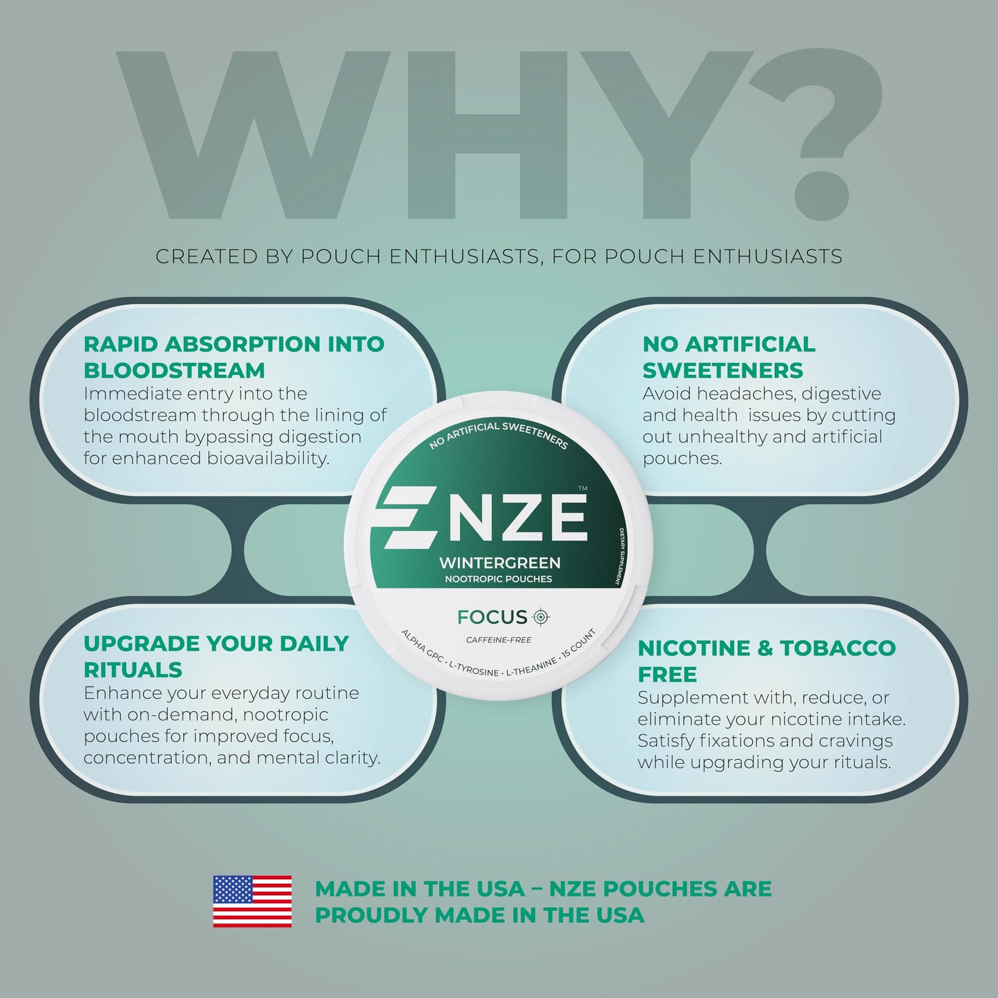 NZE Caffeine Free Nootropic Pouches (Wintergreen) - Nootropic Pouches with Alpha GPC, L-Tyrosine & L-Theanine - No Sugar or Artificial Sweeteners - 15 Pouches Per Can - 5 Pack NZEBuy Supplements Australia