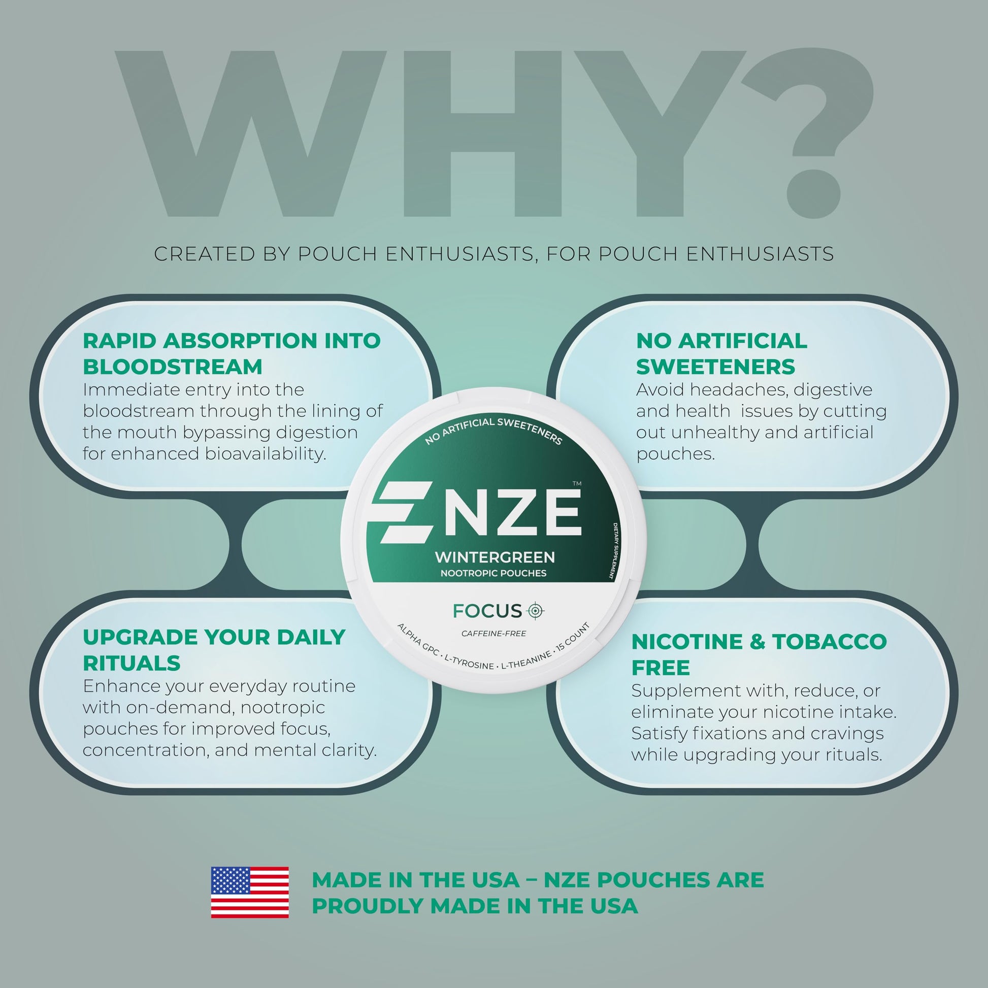 NZE Caffeine Free Nootropic Pouches (Wintergreen) - Nootropic Pouches with Alpha GPC, L-Tyrosine & L-Theanine - No Sugar or Artificial Sweeteners - 15 Pouches Per Can - 5 Pack NZEBuy Supplements Australia
