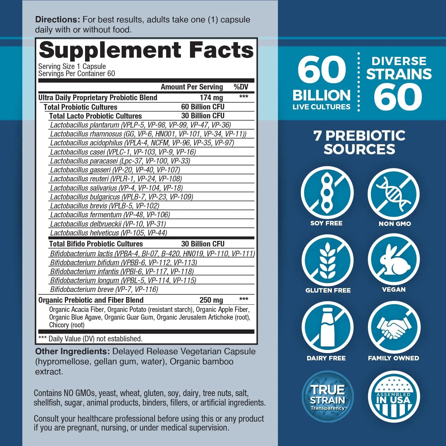 Vital Planet - Vital Flora Ultra Daily Probiotic 60 Billion CFU, Diverse Strains, Organic Prebiotics, Immune Support, Bloating Relief, Digestive Health Probiotics for Women and Men 60 Capsules Vital Planet buy supplements Au