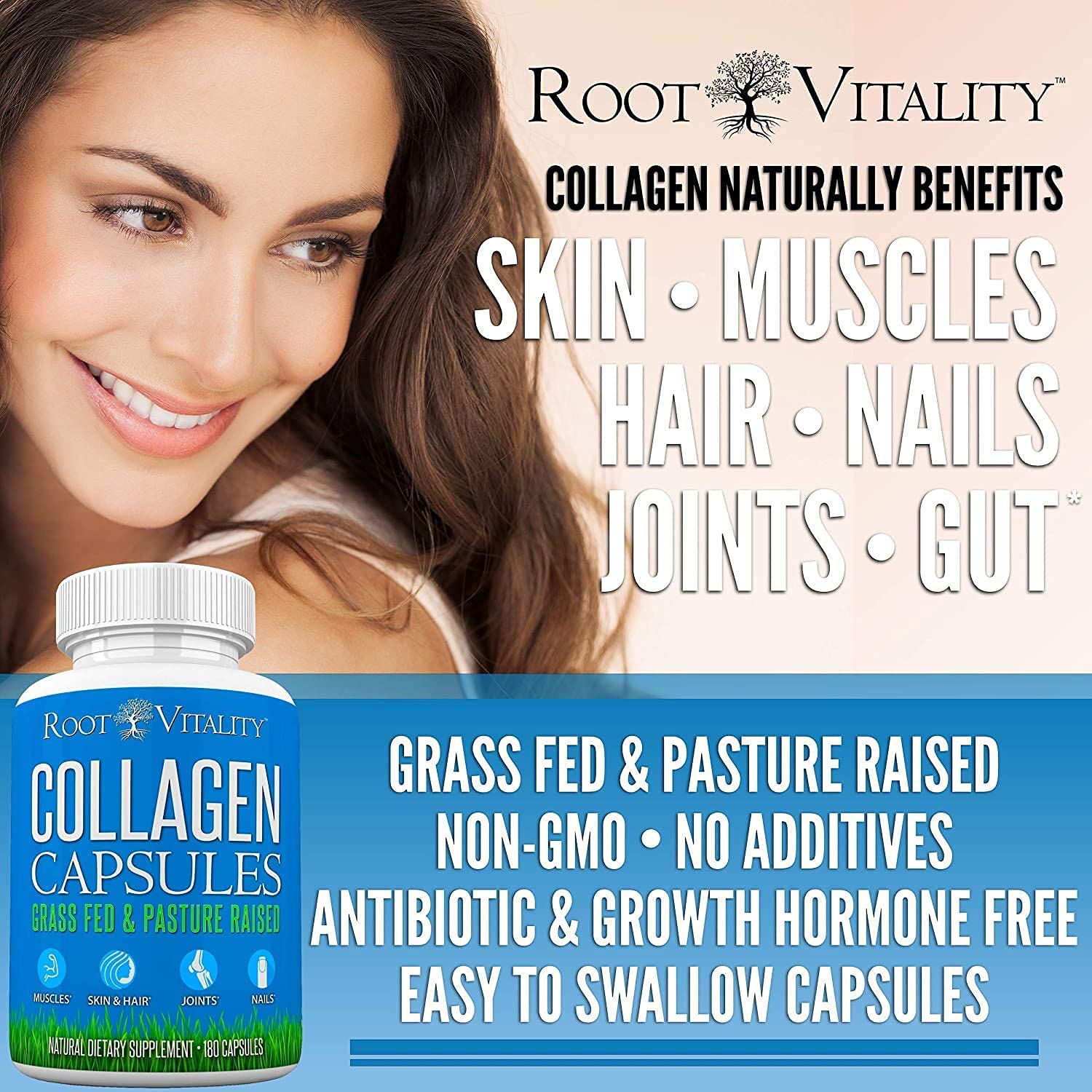Root Vitality Collagen Peptides Capsules - Grass-Fed, Pasture-Raised Hydrolyzed Protein Supplement for Skin, Hair, & Nails - Non-GMO, Zero Sugar Daily Pills for Men & Women (180 Capsules) Root VitalityBuy Supplements Australia