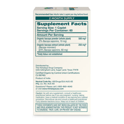 Himalaya Bacopa Monnieri Nootropic Herbal Supplement, Supports Calm, Memory, Cognition, USDA Certified Organic, Non-GMO, 750 mg, 60 Plant-Based Caplets, 60 Day Supply HimalayaBuy Supplements Australia