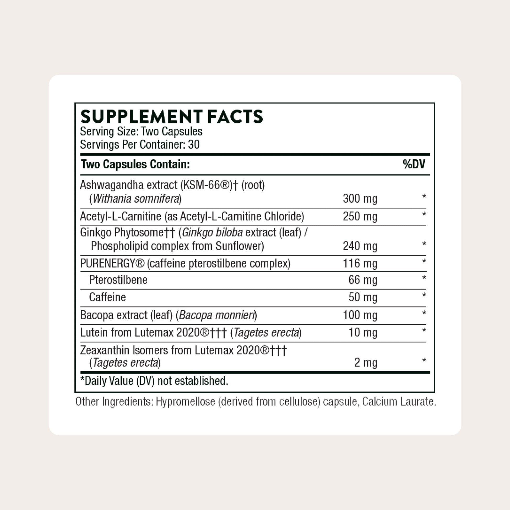 THORNE - Memoractiv - Nootropic Brain Supplement for Focus, Creativity, and Concentration - Ashwagandha, Ginkgo, Lutemax, Bacopa, Pterostilbene - Gluten-Free, Dairy-Free* - 60 Capsules - 30 Servings THORNEBuy Supplements Australia