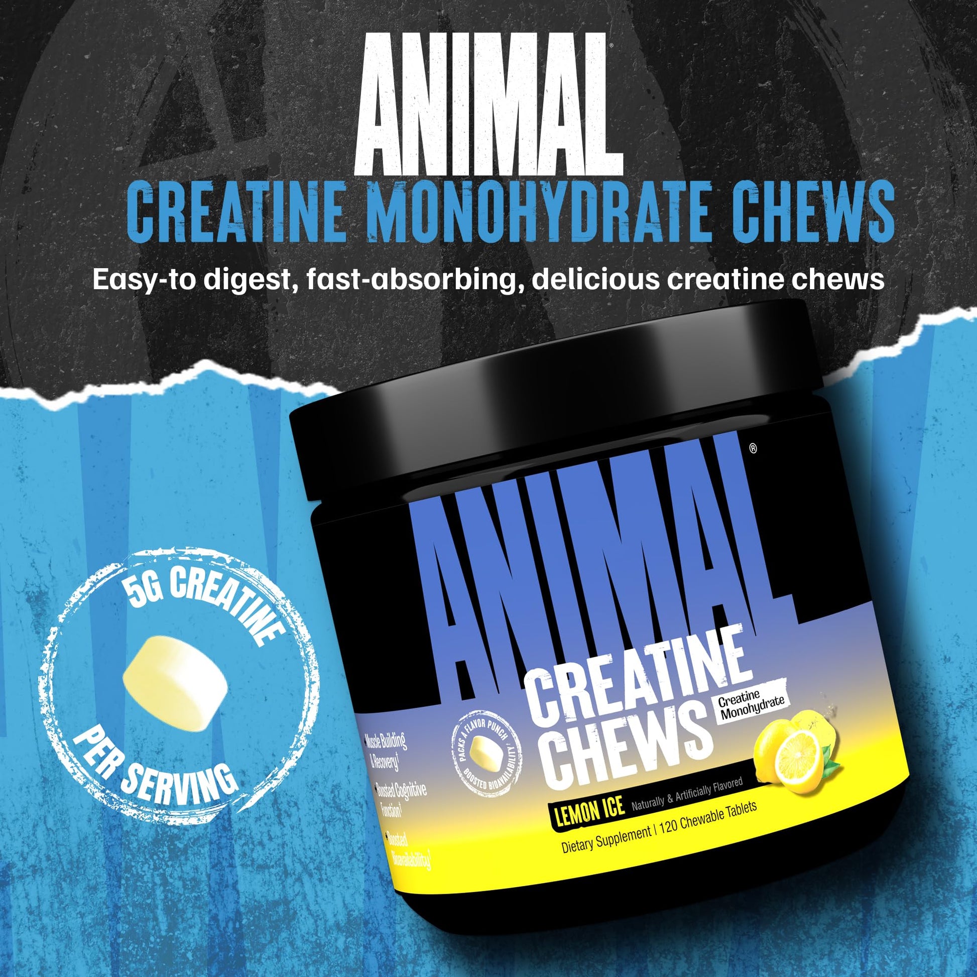 Animal Creatine Chews Tablets - Enhanced Creatine Monohydrate with AstraGin to Improve Absorption, Sea Salt for Added Pumps, Delicious and Convenient Chewable Tablets - Lemon Ice AnimalBuy Supplements Australia