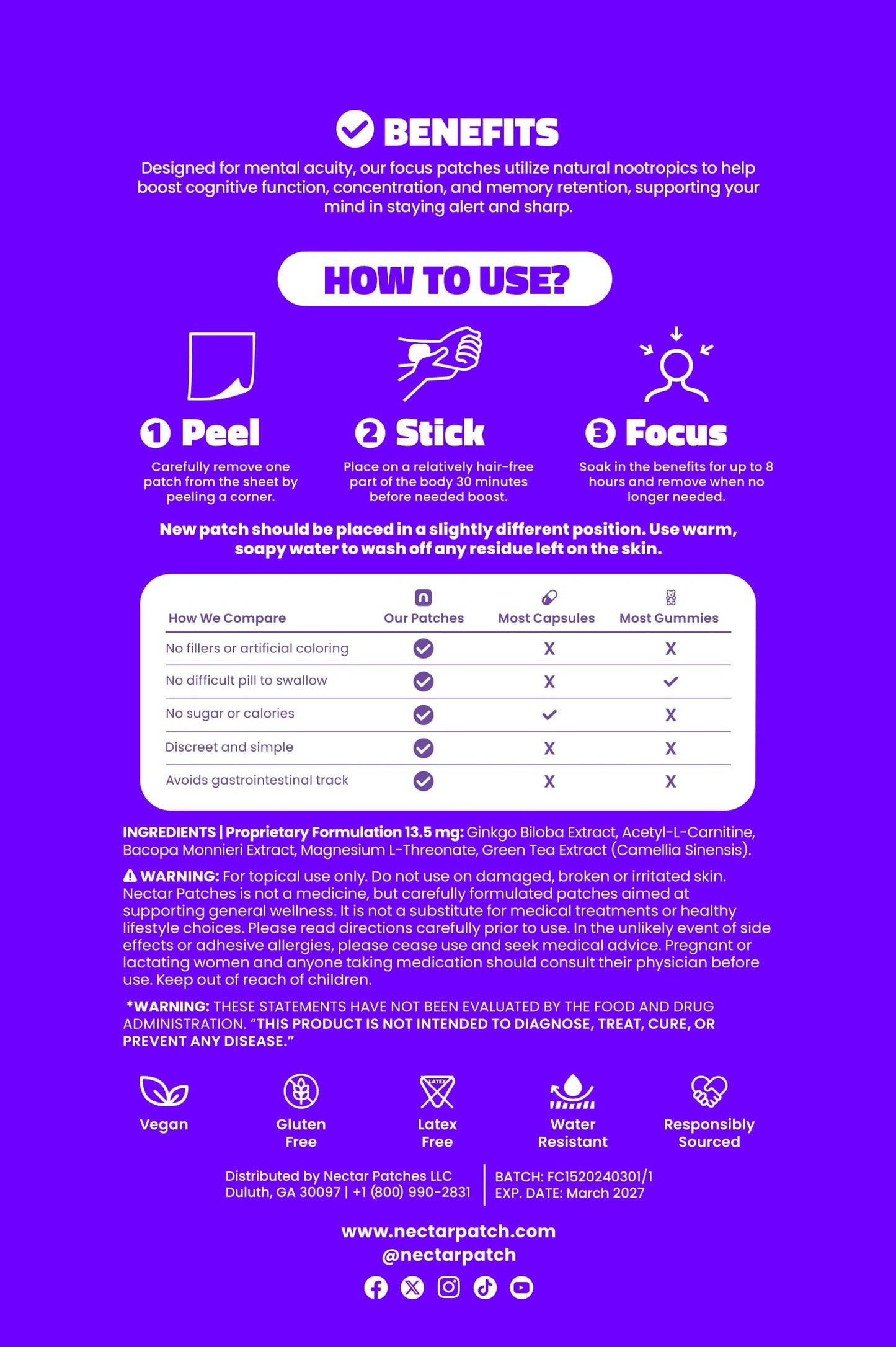 Nectar Focus Patches | Natural Cognitive Support with Ginkgo Biloba, Bacopa & Magnesium for Memory – Mental Clarity Neuro Patches for Work, Study – Clean Plant-Based Nootropic Alternative | 30 Count Nectar PatchesBuy Supplements Australia