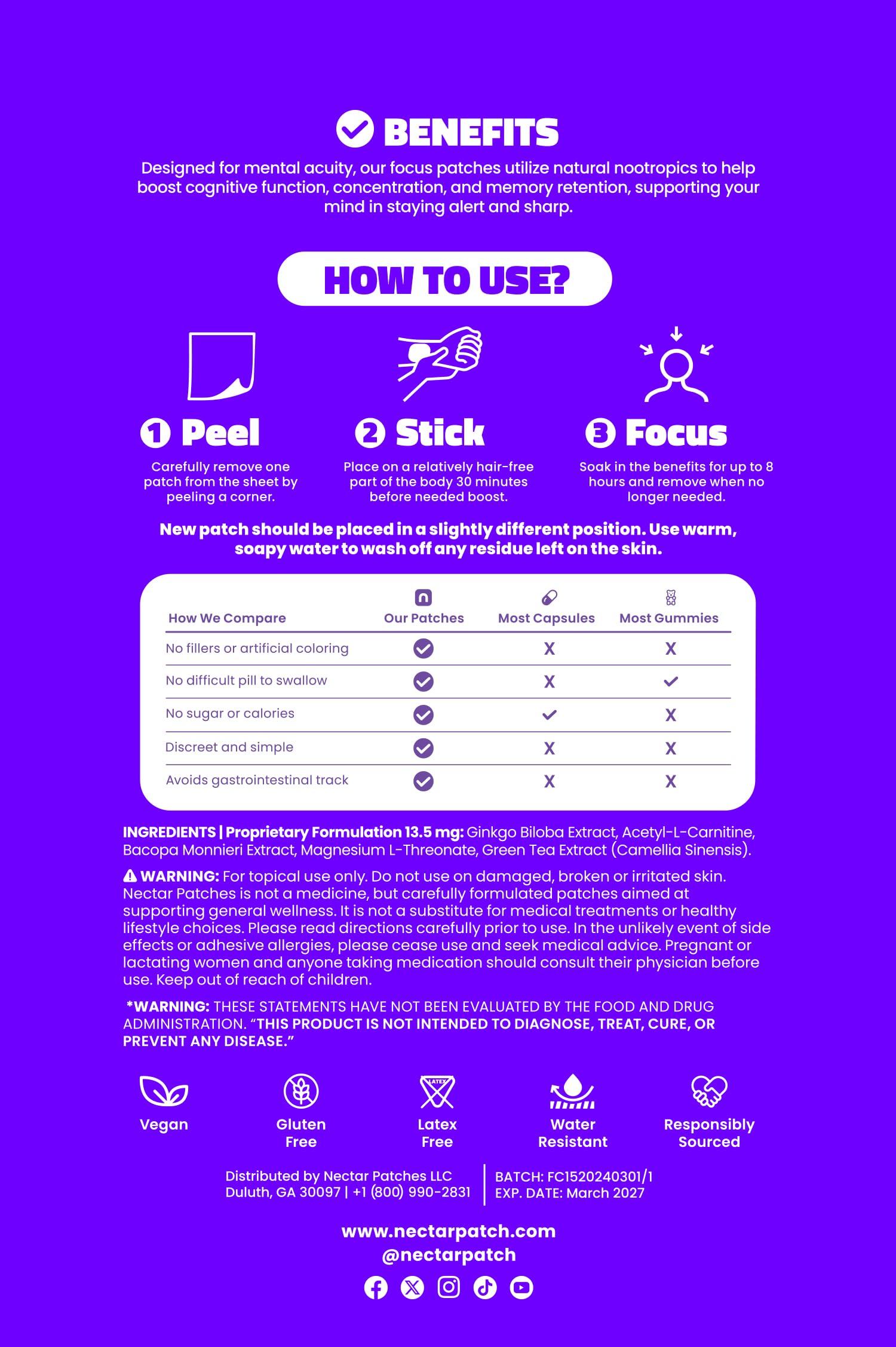 Nectar Focus Patches | Natural Cognitive Support with Ginkgo Biloba, Bacopa & Magnesium for Memory – Mental Clarity Neuro Patches for Work, Study – Clean Plant-Based Nootropic Alternative | 30 Count Nectar PatchesBuy Supplements Australia