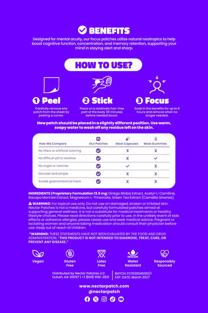 Nectar Focus Patches | Natural Cognitive Support with Ginkgo Biloba, Bacopa & Magnesium for Memory – Mental Clarity Neuro Patches for Work, Study – Clean Plant-Based Nootropic Alternative | 30 Count Nectar PatchesBuy Supplements Australia