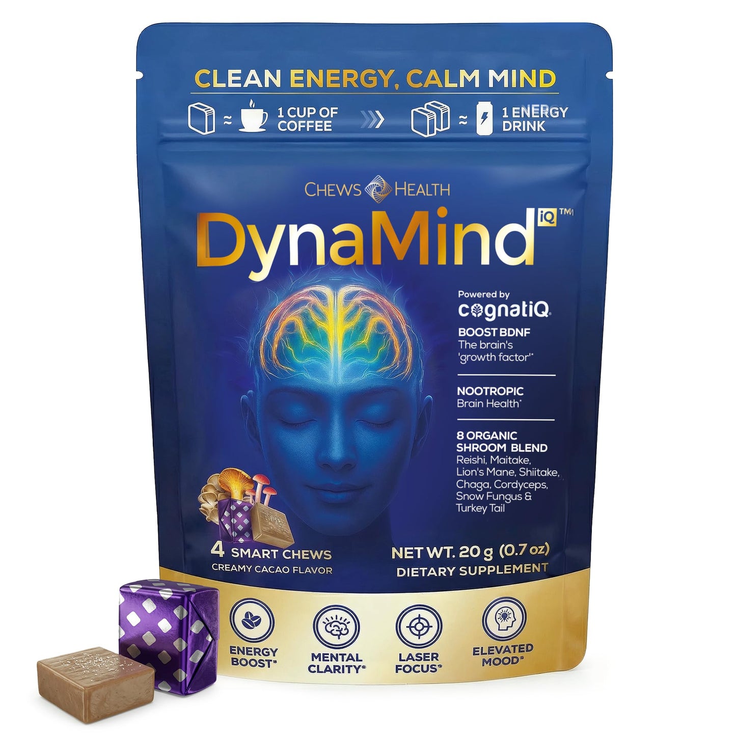 DynaMind iQ Brain Supplement for Memory and Focus for Adults - Nootropic Chews | Coffee Fruit & Mushroom Supplement Blend, Memory Focus Supplement, Caffeine Focus Pills Alternative, 4 Count CHEWSHEALTHBuy Supplements Australia