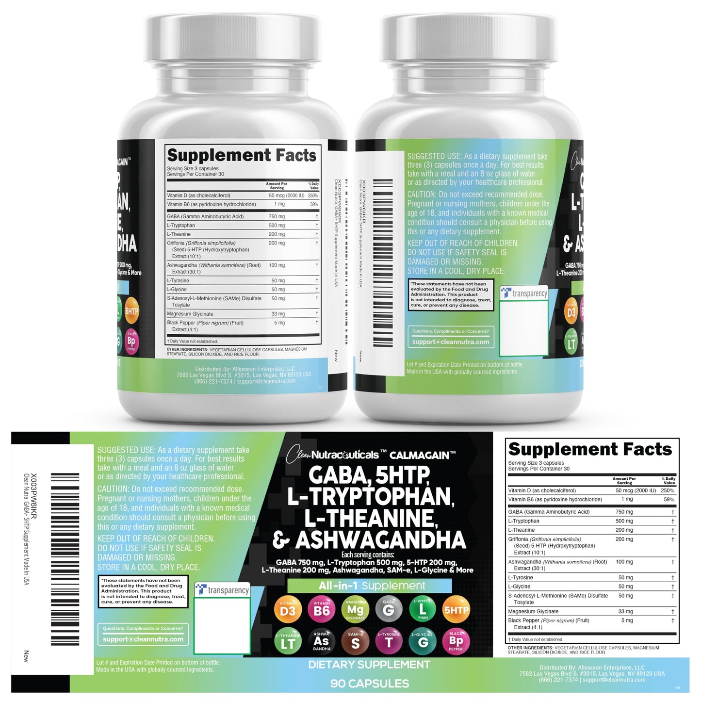 Clean Nutraceuticals GABA 750mg 5 HTP 200mg L Tryptophan 500mg L Theanine 200mg Ashwagandha SAM-e L-Glycine - Mood Support Vitamins for Women and Men with L-Tyrosine 5-HTP (5-Hydroxytryptophan) Clean Nutraceuticals buy supplements Au