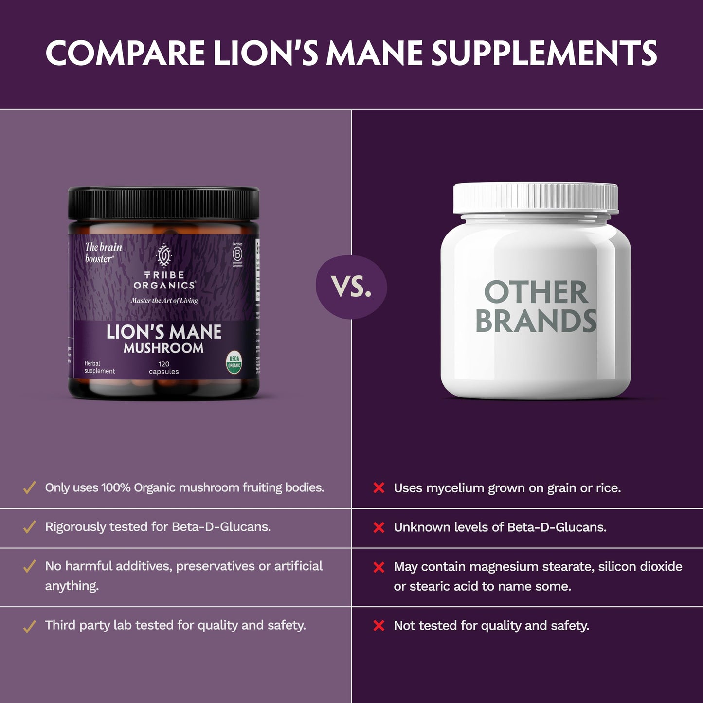 TRIBE ORGANICS Lion’s Mane Supplement 1000mg Mushroom Extract Powder - Immune System Booster & Brain Nootropic for Focus and Memory | Mental Clarity | Natural Energy and Immunity - 120 Vegan Capsules TRIBE ORGANICSBuy Supplements Australia