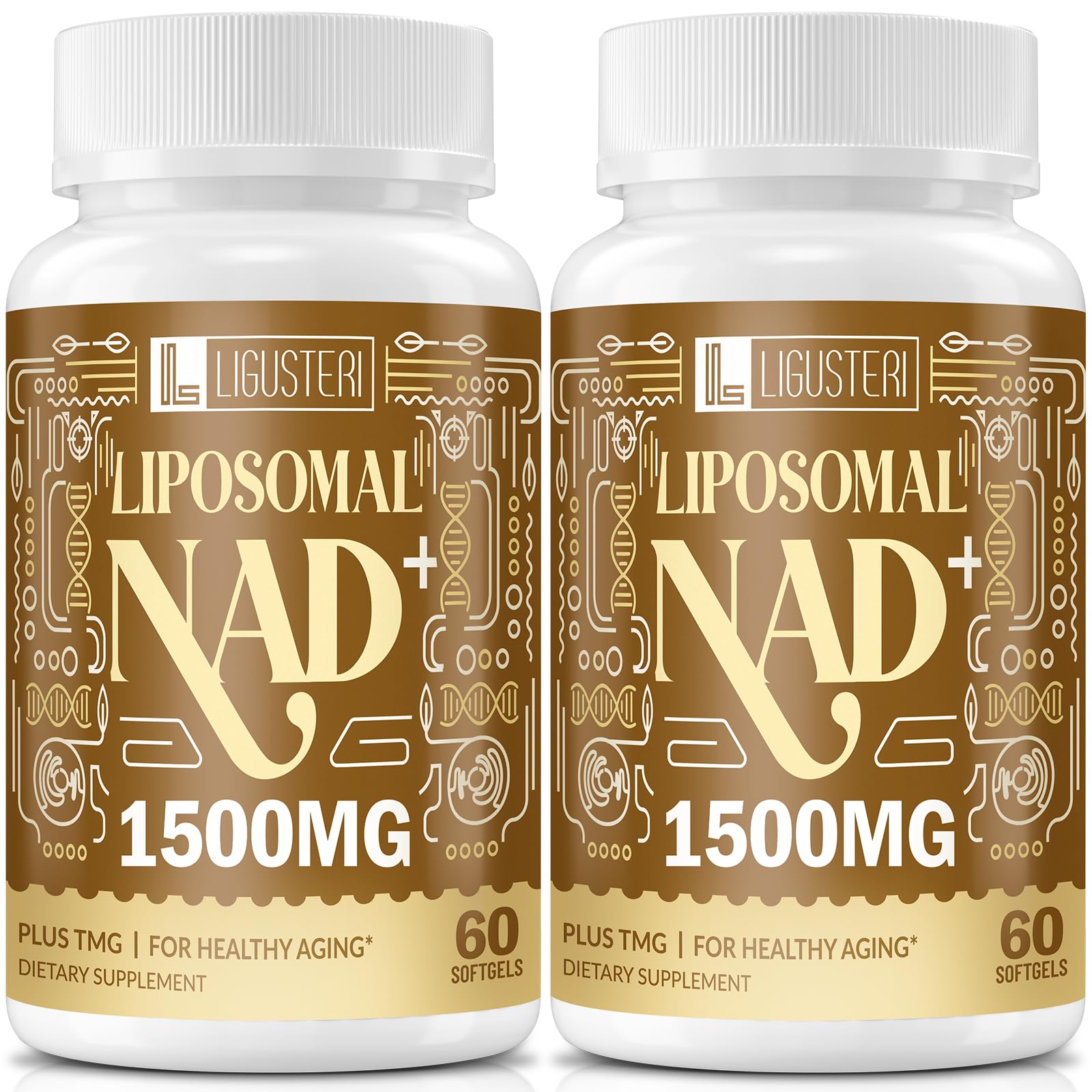 Two bottles of Ligusteri Liposomal NAD+ 1500MG dietary supplements on a white background.