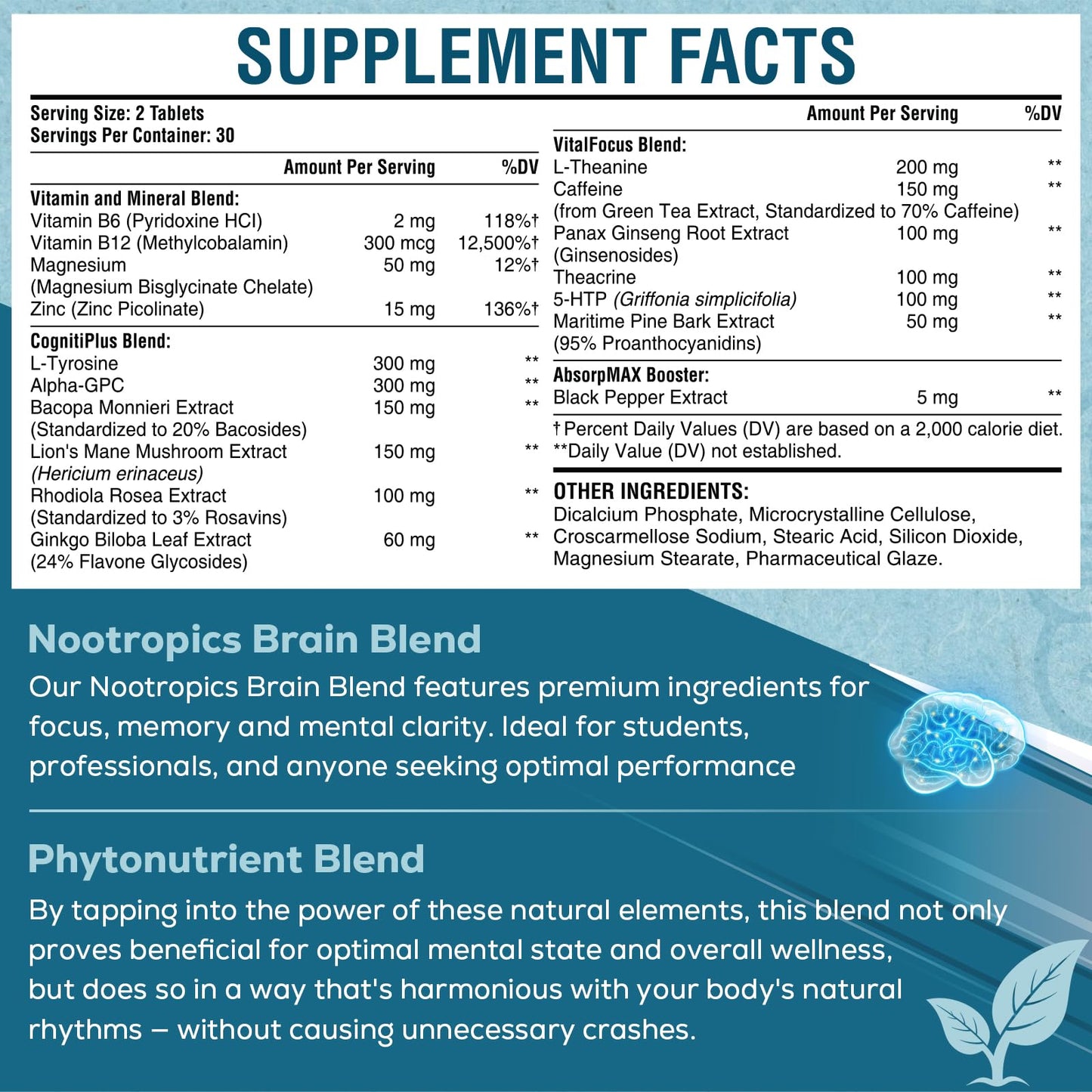 17-in-1 Brain Supplement for Memory and Focus | Natural Nootropics Brain Supplement for Brain Cognition, Energy | High Absorption | L-Theanine, Phytonutrient Blend and Vitamins B6, B12 | 60 Tablets SehatiKuBuy Supplements Australia