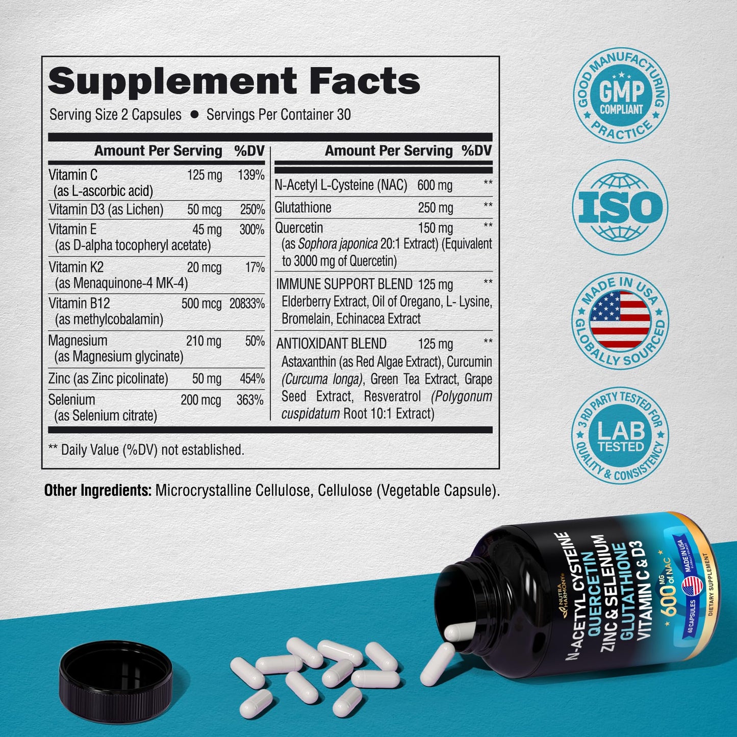 NAC 600 mg Supplement | Quercetin | Zinc | Glutathione | Selenium | Vitamin C & D3 NUTRAHARMONYBuy Supplements Australia