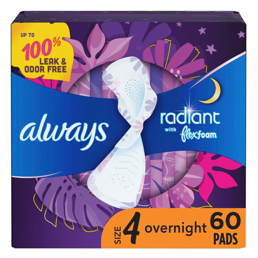 Always Radiant Feminine Pads for Women, Size 4 Overnight Pads - NutriGlobal