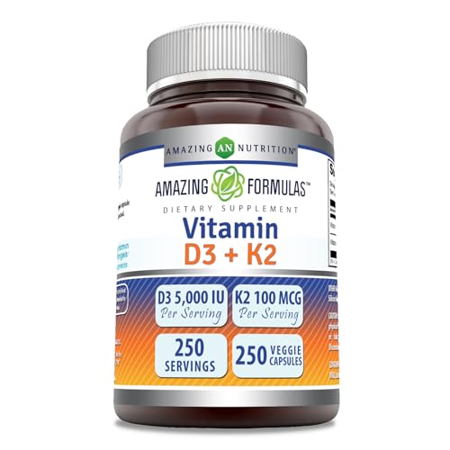 Amazing Formulas Vitamin D3 5000 IU with Vitamin K2 100 Mcg| 250 Veggie Capsules - NutriGlobal