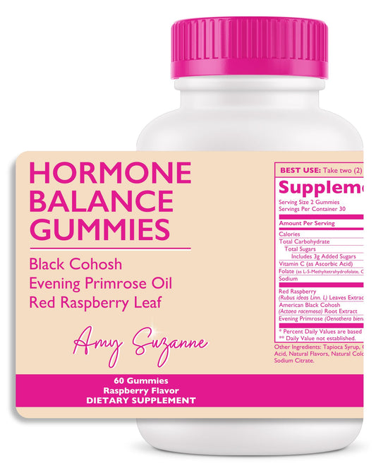 Amy Suzanne Hormone Balance Gummies for Women - Hormone Harmony for Mood, Energy, Bloating - Hormonal PMS, Perimenopause & Menopause Support - Red Raspberry Leaf & Black Cohosh - 60 Gummy Supplements - NutriGlobal