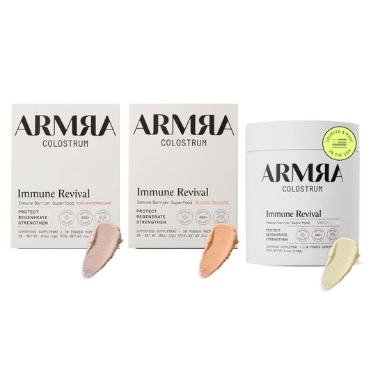 ARMRA Colostrum™ Premium Powder, Grass Fed, Gut Health Bloating Immunity Skin & Hair, Contains 400+ Bioactive Nutrients (Blood Orange, Vine Watermelon, Unflavored Bundle | 180 Servings) - NutriGlobal