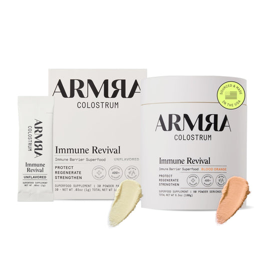 ARMRA Colostrum™ Premium Powder, Grass Fed, Gut Health Bloating Immunity Skin & Hair, Contains 400+ Bioactive Nutrients, Potent Bioavailable, Keto, Gluten & Fat Free (Unflavored 30｜Blood Orange 90) - NutriGlobal