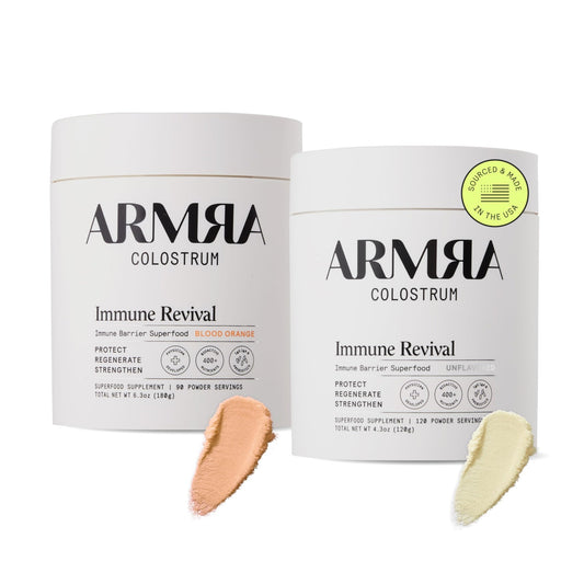 ARMRA Colostrum™ Premium Powder, Grass Fed, Gut Health Bloating Immunity Skin & Hair, Contains 400+ Bioactive Nutrients, Potent Bioavailable, Keto, Gluten & Fat Free (Unflavored and Blood Orange Jars) - NutriGlobal