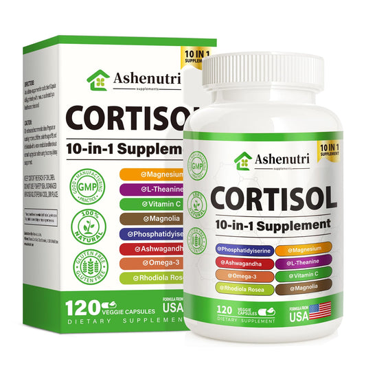 Ashenutri 10-in-1 Cortisol Supplement with Magnesium,Ashwagandha,Rhodiola Rosea,L Theanine,Hormone Balance for Women 120 Vegan Capsules - NutriGlobal