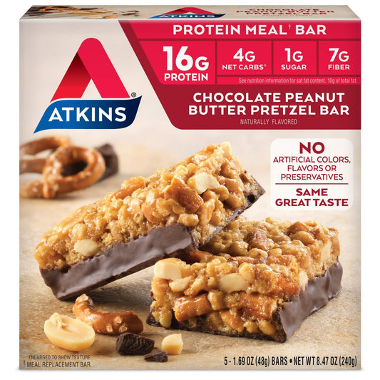 Atkins Chocolate Peanut Butter Pretzel Protein Meal Bar, High Fiber, 16g Protein, 1g Sugar - NutriGlobal