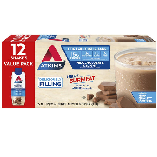 Atkins Milk Chocolate Delight Protein Shake, 15g Protein, Low Glycemic, 2g Net Carb - NutriGlobal