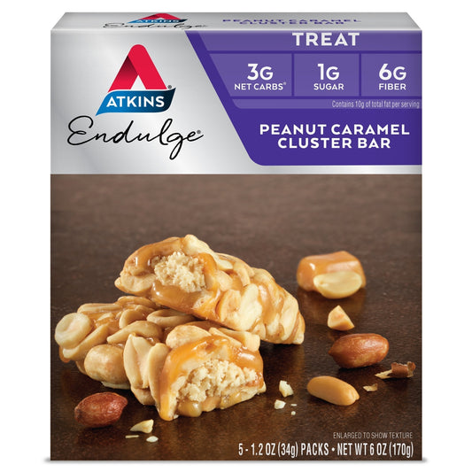 Atkins Peanut Caramel Cluster Bar, Dessert Favorite, High in Fiber, 3g Net Carb, 1g Sugar - NutriGlobal