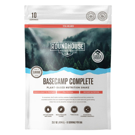 Basecamp Complete Nutrition Shake by Chuck Norris Roundhouse Provisions – Plant-Based Emergency Meal with 18g Protein & 28 Essential Nutrients – Rich Chocolate Flavor – 10 Servings, 3-Year Shelf Life - NutriGlobal