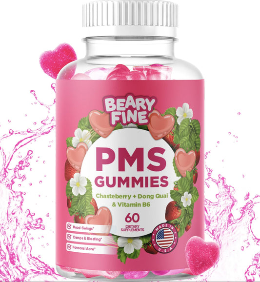 Beary Fine PMS Gummies - PMS Vitamins for Women & Teens - PMS Period Relief - Cramping, Bloating, Mood Swings - Made in The USA (Strawberry, 60 Count) - NutriGlobal