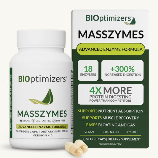 BIOptimizers MassZymes - Complete Digestive Enzymes Supplement for Gut Health - Bloating Relief for Men and Women - Lipase Amylase Bromelain Digestive Enzymes (30 Capsules) - NutriGlobal