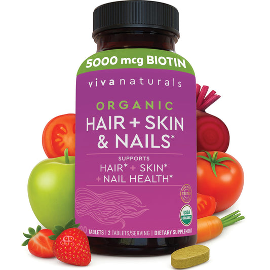 Biotin 5000 mcg Hair Skin Nails Vitamins for Women – Organic and Vegetarian-Friendly Supplement with Vitamin E, B-Vitamins, Spirulina - NutriGlobal