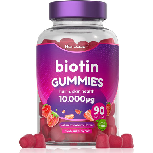 Biotin Gummies 10,000mcg | 90 Vegan Vitamins | Natural Strawberry Flavour - NutriGlobal