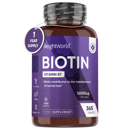 Biotin Hair Growth Supplement 12000mcg - 365 Vegan Biotin Tablets (1 Year Supply) - NutriGlobal