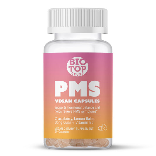 BIOTOPLEVEL PMS Support Supplement for Women & PMS Relief, Hormone Balance & Menstrual Period Relief for Cramps, Bloating & Mood Swings with Chasteberry, Vitamin B6, Lemon Balm, Dong Quai, 30 Count - NutriGlobal