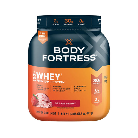 Body Fortress 100% Whey, Premium Protein Powder, Strawberry, 1.78lbs Packaging May - NutriGlobal