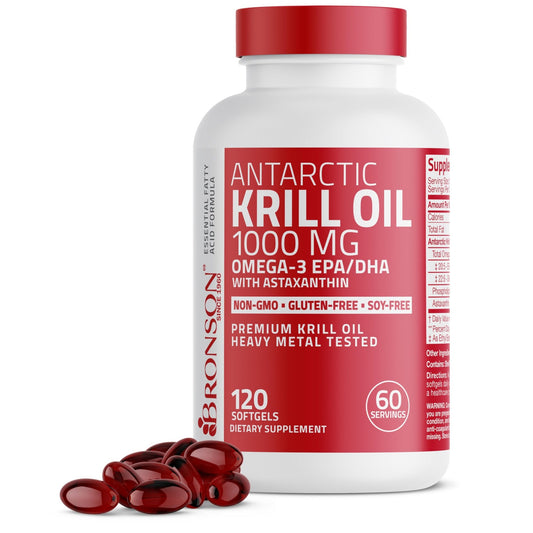 Bronson Antarctic Krill Oil 1000 mg with Omega-3s EPA, DHA, Astaxanthin and Phospholipids 120 Softgels - NutriGlobal