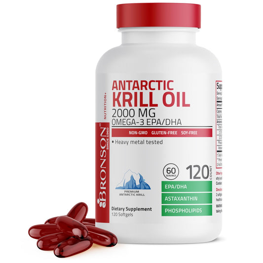 Bronson Antarctic Krill Oil 2000 mg with Omega-3s EPA, DHA, Astaxanthin and Phospholipids 120 Softgels (60 Servings) - NutriGlobal