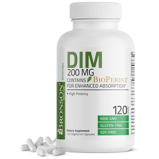Bronson DIM Supplement 200 MG Diindolymethane with BioPerine for Enhanced Absorption, Estrogen Metabolism & Maintains Balanced Hormone Levels, 120 Vegetarian Capsules - NutriGlobal