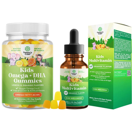Bundle of Kids DHA Omega 3 Gummies - Fatty Acids Omega 3 6 9 for Brain Immune Strength Vision Focus Support and Liquid Multivitamin for Kids Immunity Support - NutriGlobal