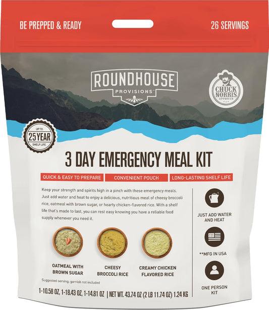 by Chuck Norris Roundhouse Provisions 3 Day, 26 servings Emergency Meal Kit, Grab-and-Go, Premade, Disaster Prep, Hiking, Survival, Adventure, Camping Food, 25 Year Shelf Life. - NutriGlobal