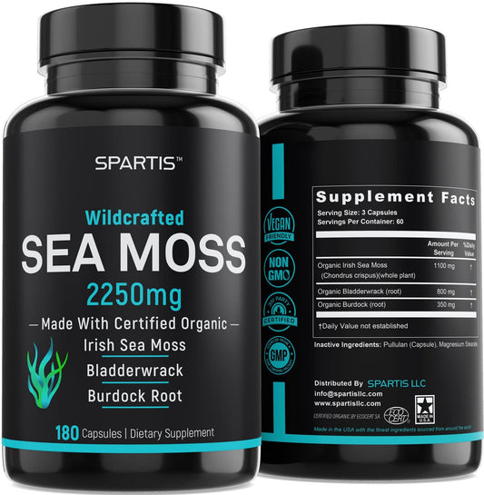 Certified Organic Sea Moss Capsules 2250mg Wildcrafted Irish Sea Moss Burdock Root - NutriGlobal