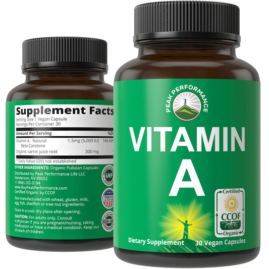 Certified Organic Vitamin A 5000 IU Supplement Capsules High Potency Vitamins. for Adults, Men, Women, Kids. Made with Carrot Juice. Great for Immune, Skin, Eye Support. Non GMO, Vegan Pills - NutriGlobal