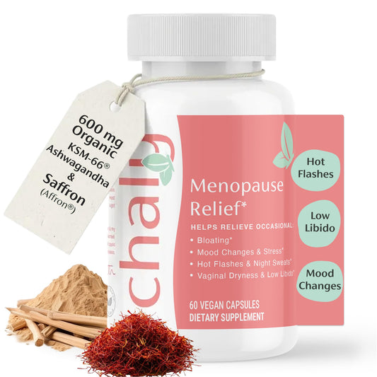 Chaly Menopause Supplements for Women with Ashwagandha KSM 66 and Saffron | Hot Flash, Bloating, Libido, Vaginal Dryness, Stress, and Mood Support Supplement | Menopause Relief Supplements | 60 Count - NutriGlobal