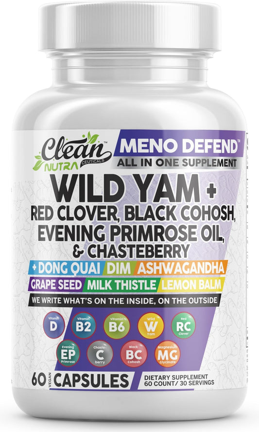 Clean Nutra Wild Yam Root Capsules with Red Clover Black Cohosh Evening Primrose Oil Chasteberry Dong Quai DIM Ashwagandha Grape Seed Extract Milk Thistle Lemon Balm - NutriGlobal