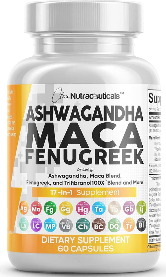 Clean Nutraceuticals Ashwagandha Maca Root Fenugreek Supplement with Tongkat Ali Ginseng - Assists with Stress, Mood & Thyroid - Ashwagandha Capsules Fenugreek Caps - 1 Pack - NutriGlobal